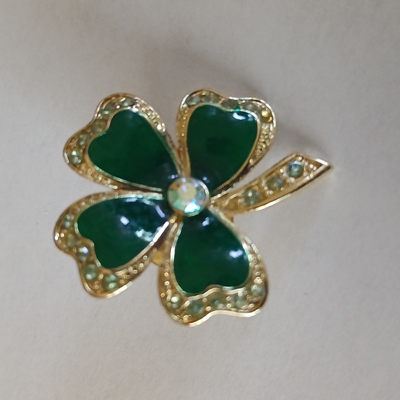 2 Vintage Four Leaf Clover Pin Brooch Crystal Rhinestones St. Patrick Day - Picture 3 of 4